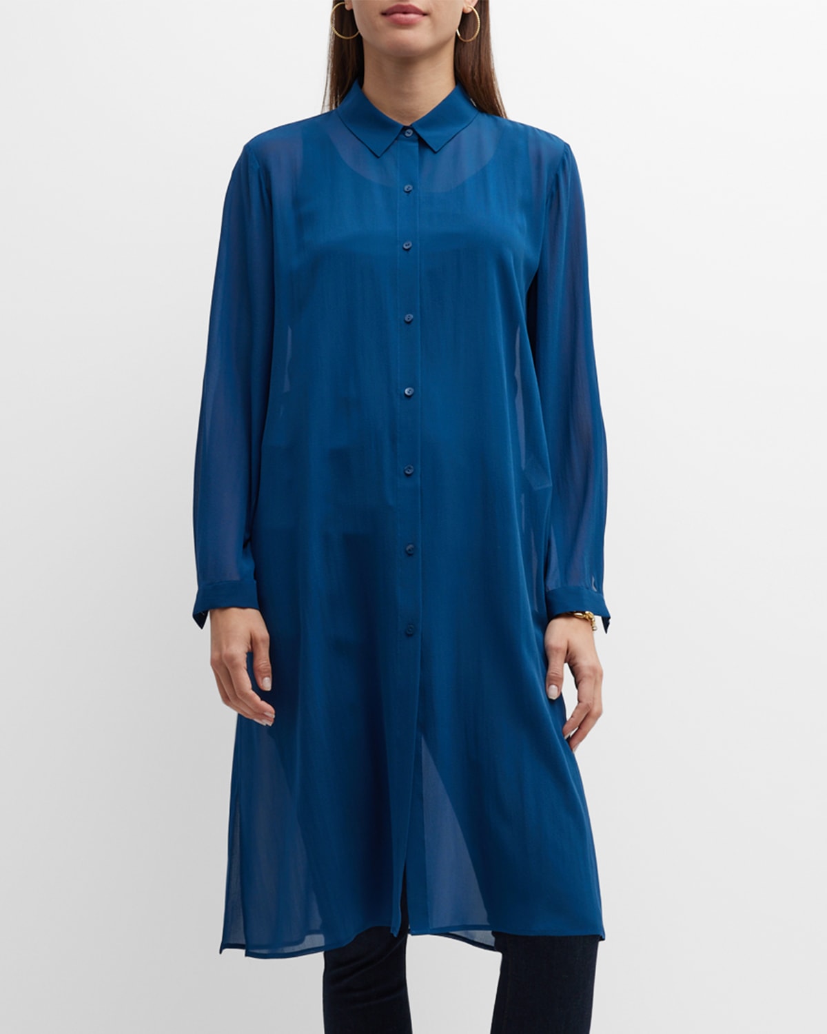 Eileen Fisher Sheer Side-slit Button-down Silk Shirt In Atlantis