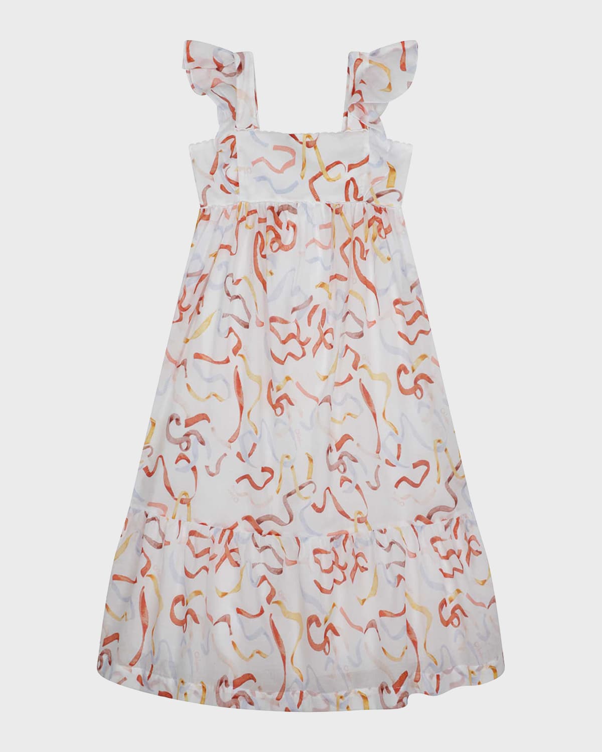 Girl's Ribbon-Print Organic Cotton Midi Dress, Size 4-6