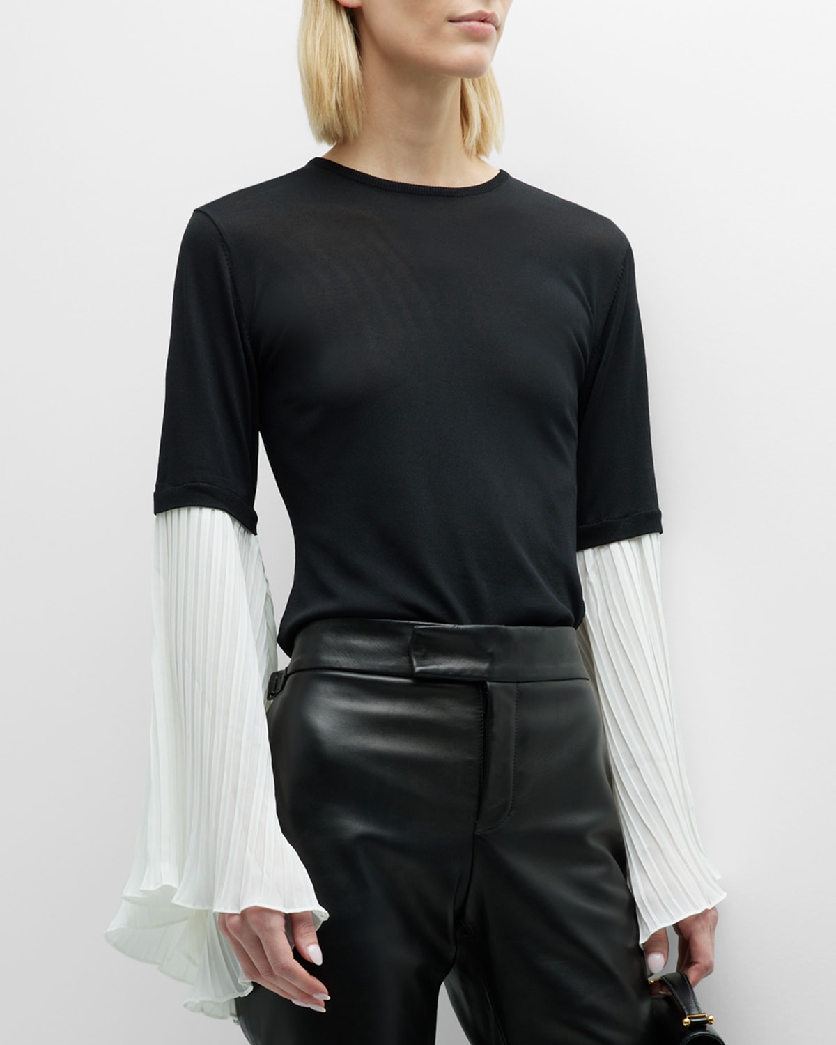 Anne Fontaine Fadette Knit Pleated-sleeve Top In Black/white