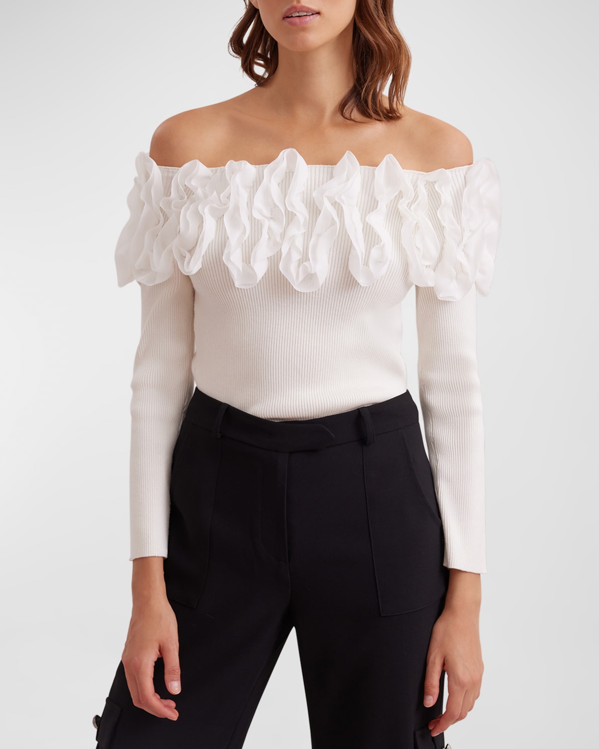 Anne Fontaine Feda Off-shoulder Ruffle-trim Top In Moon White