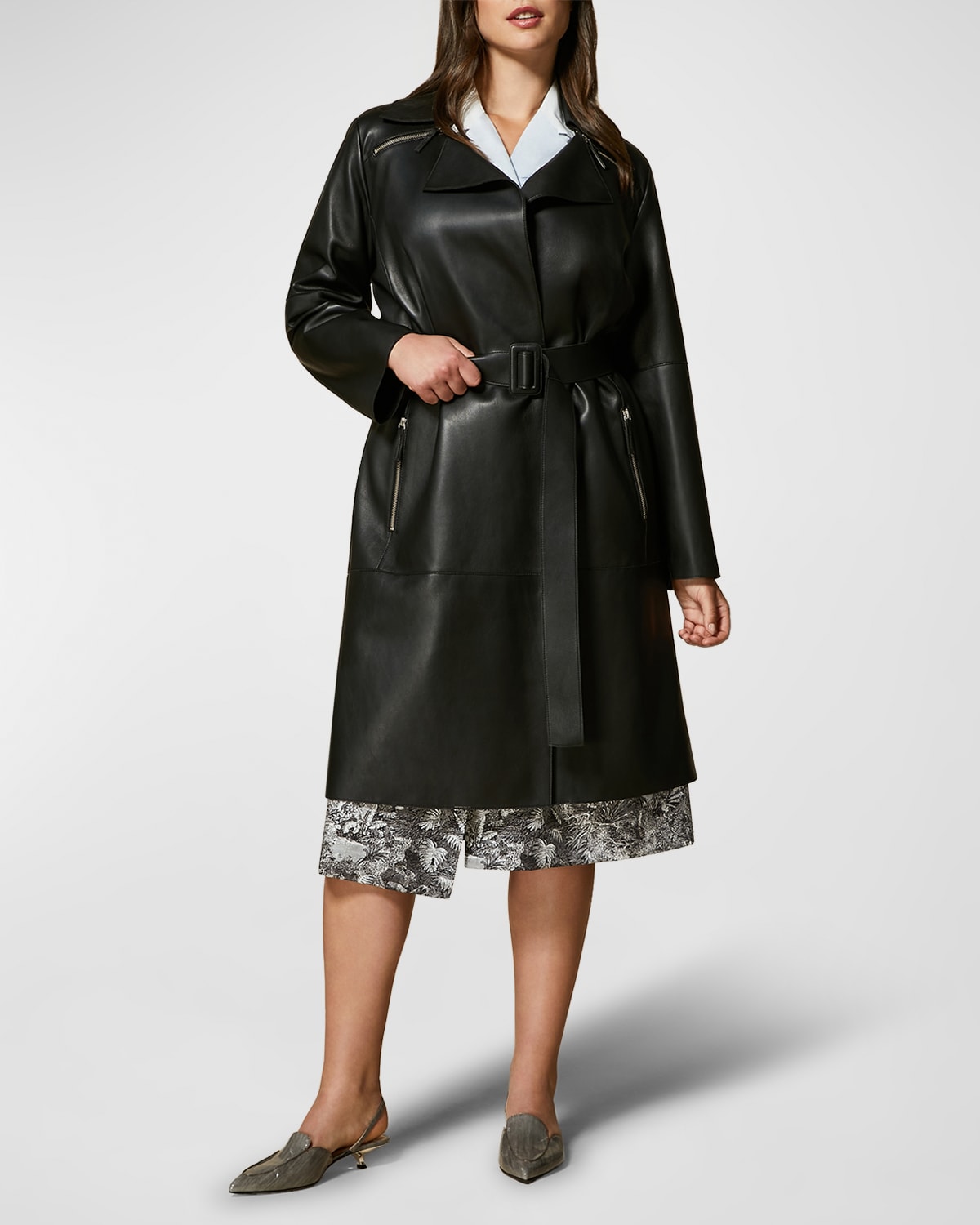 Plus Size Essenza Belted Nappa Leather Coat