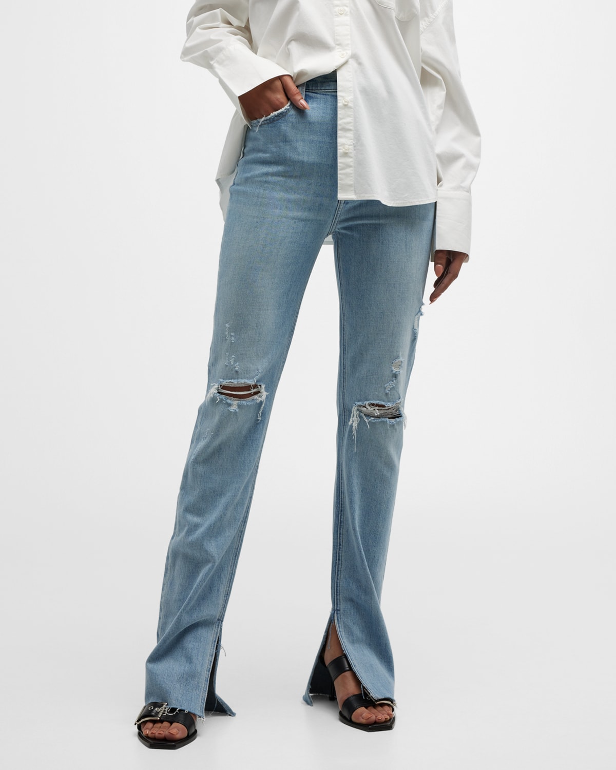 Pistola Colleen Distressed Straight Split Jeans In Bay Distressed