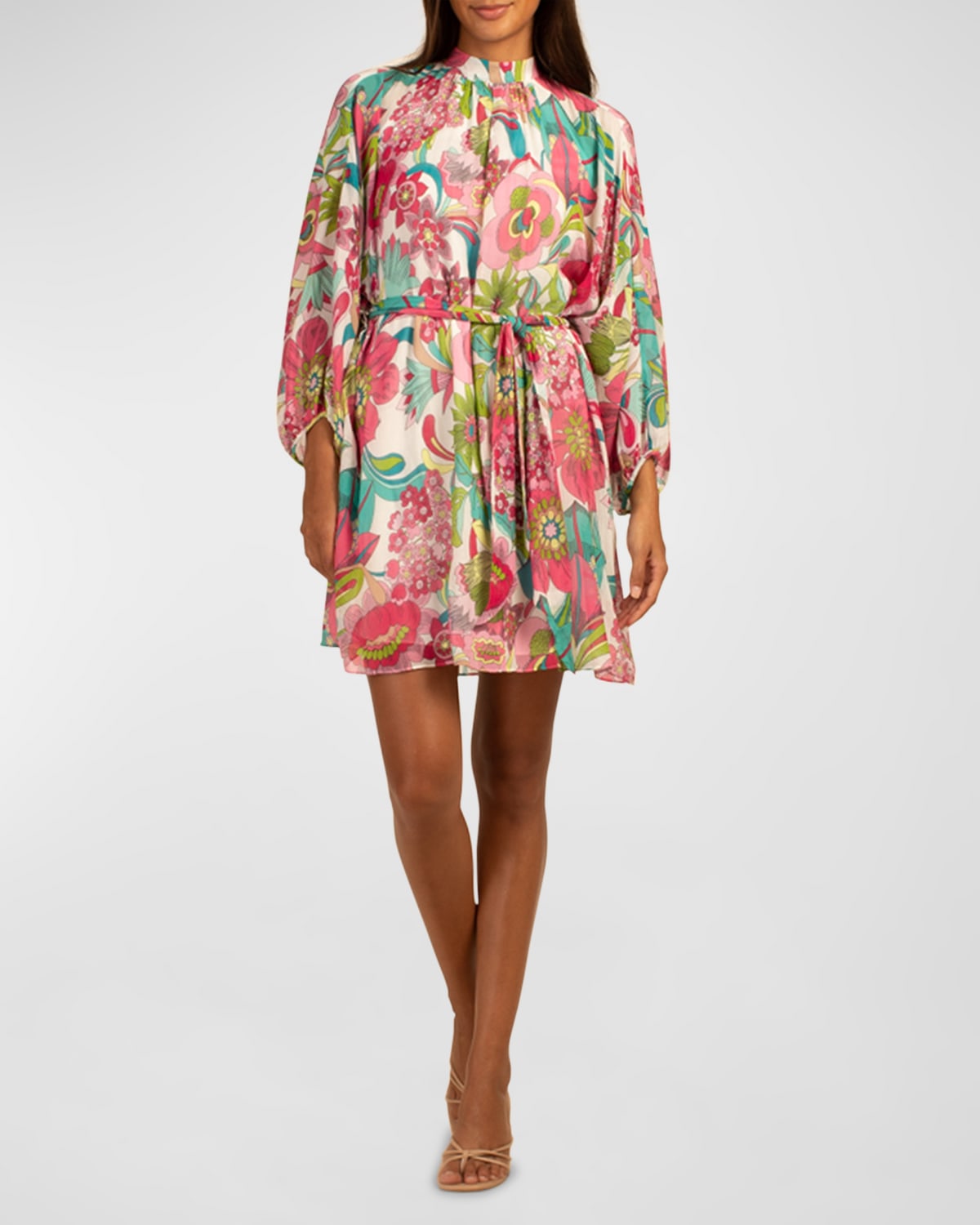 Art Floral-Print Blouson-Sleeve Chiffon Dress
