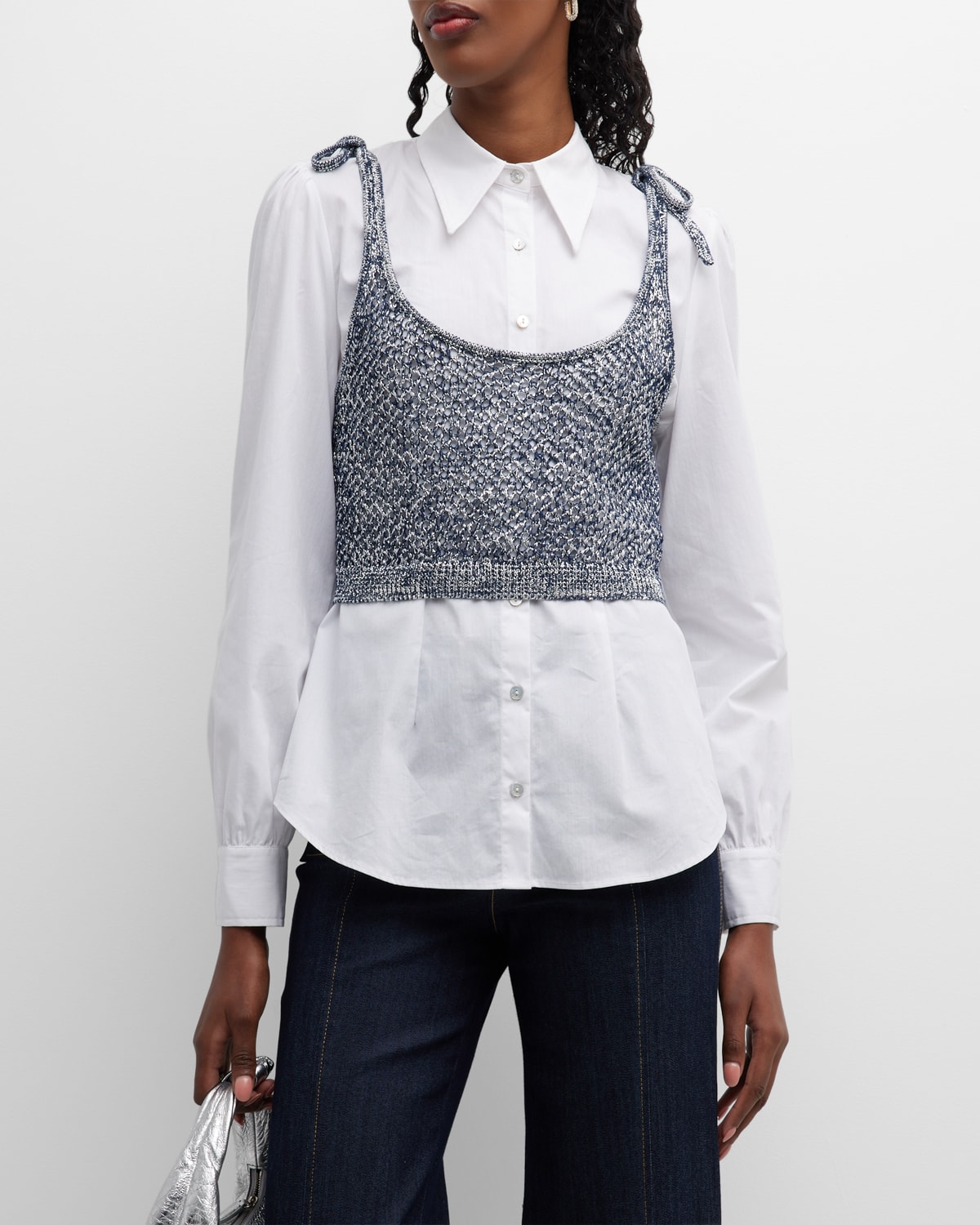 Cinq À Sept Elodie Tie Strap Open Stitch Crop Sweater Tank In Navywhite