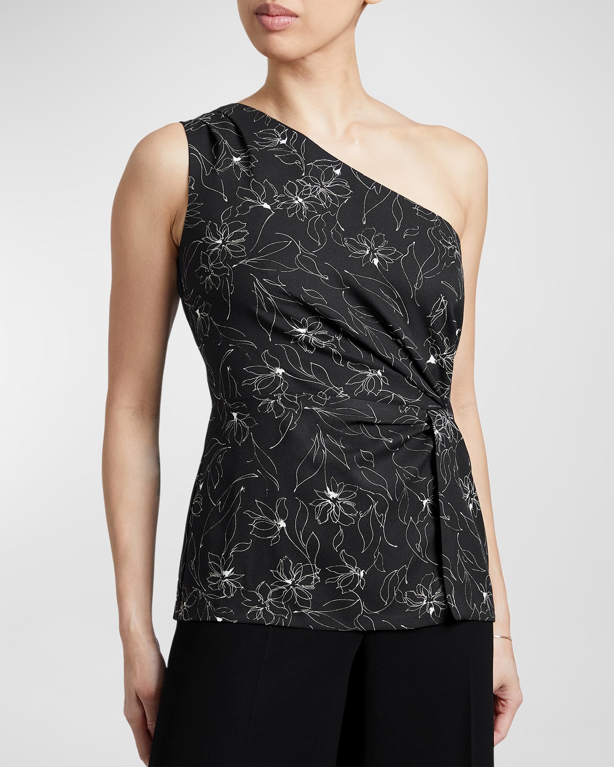 Santorelli Neda Draped One-shoulder Floral-print Blouse In Black