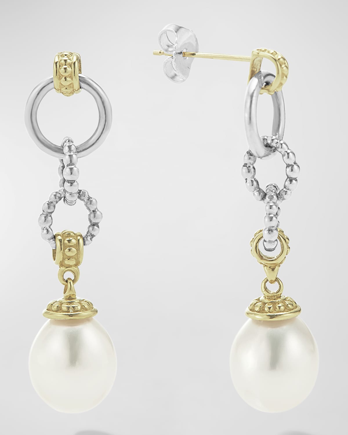 LAGOS STERLING SILVER AND 18K GOLD LUNA PEARL SMOOTH DROP EARRINGS