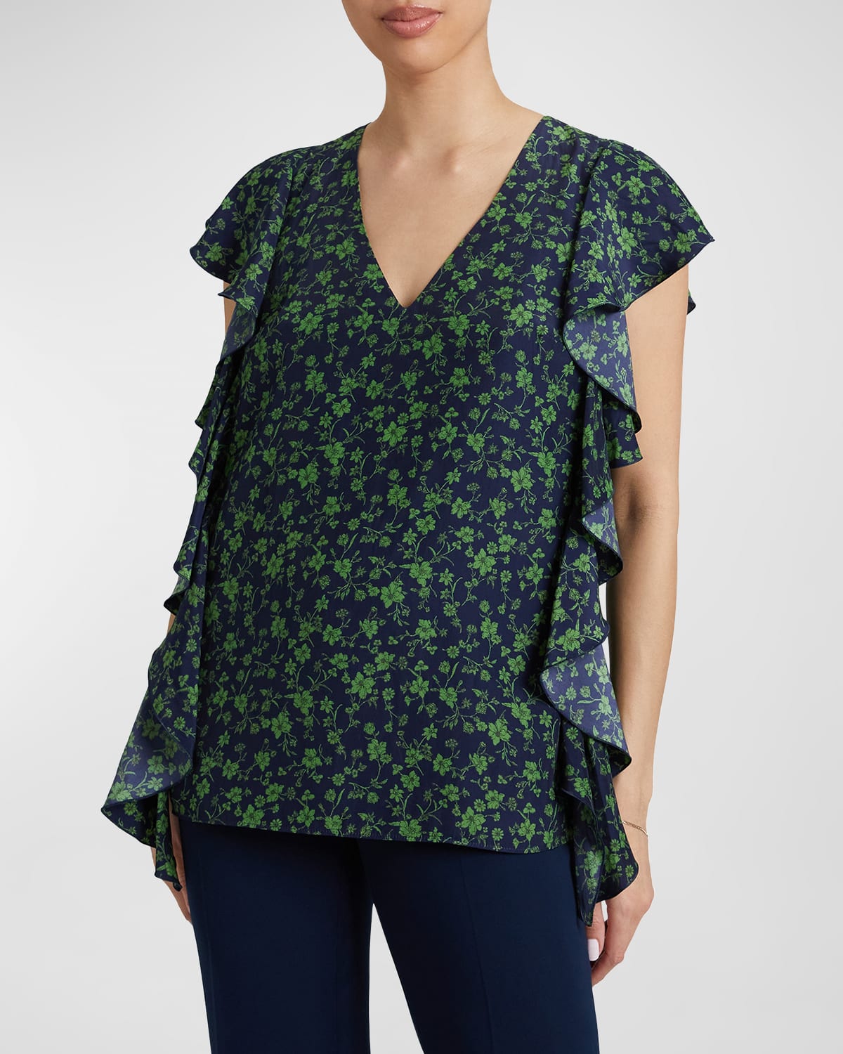 Santorelli Camryn Floral-print Ruffle Blouse In Midnight Multi