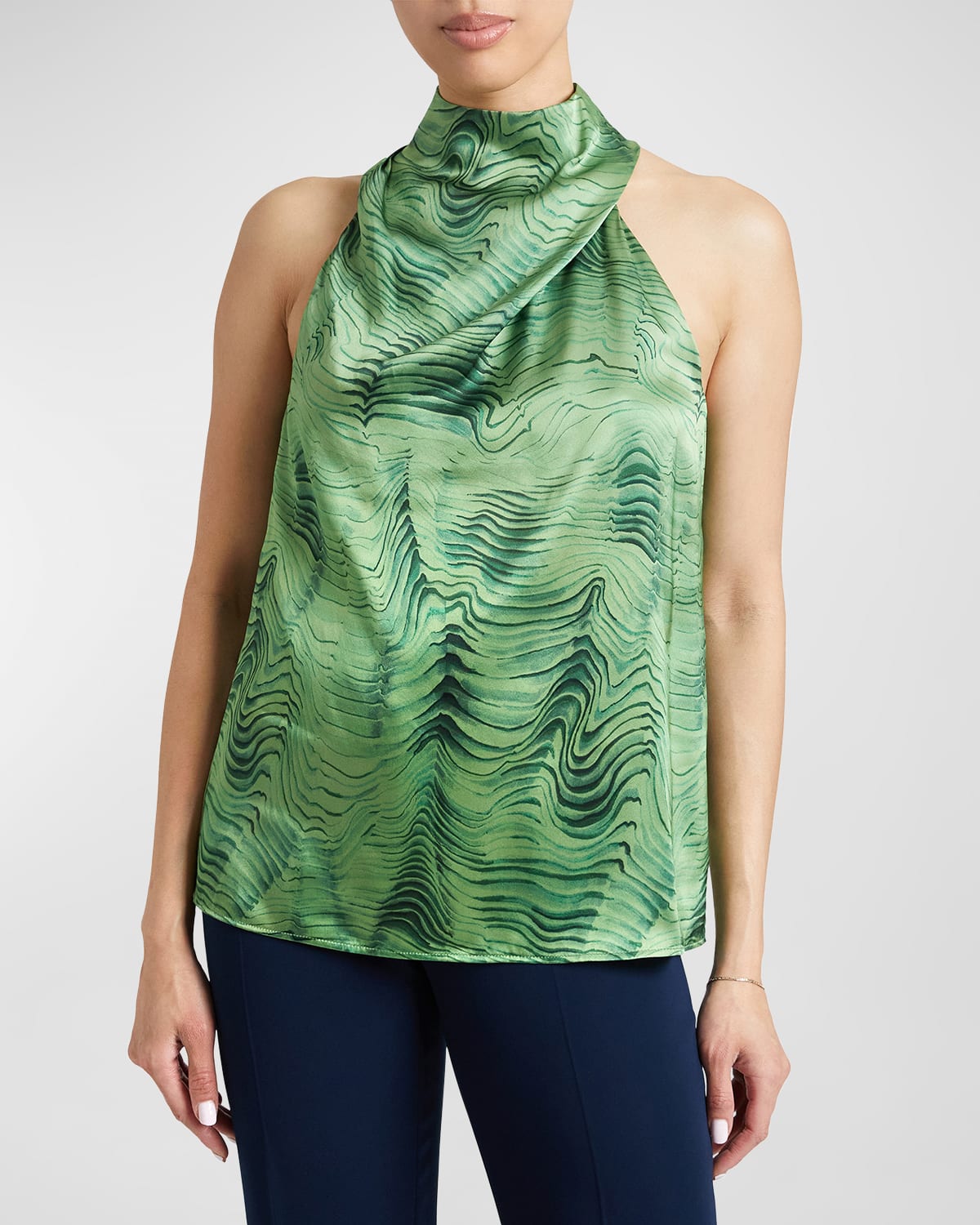 Shop Santorelli Darcy Sleeveless Mock-neck Swirl-print Blouse In Seaweed