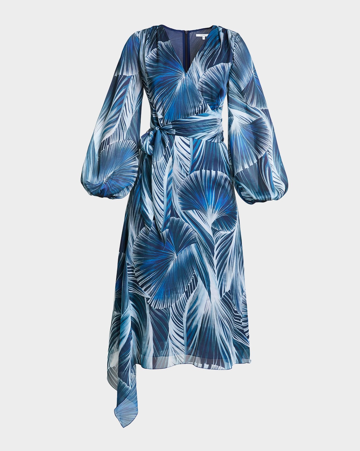 Santorelli Vanna Abstract-print Blouson-sleeve Midi Dress In Celeste Multi