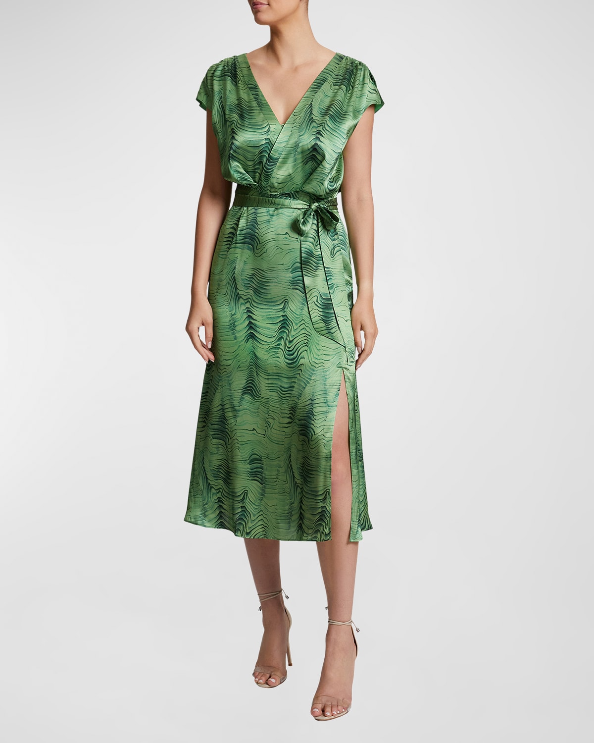 Santorelli Fara Swirl-print Silk Faux Wrap Midi Dress In Seaweed