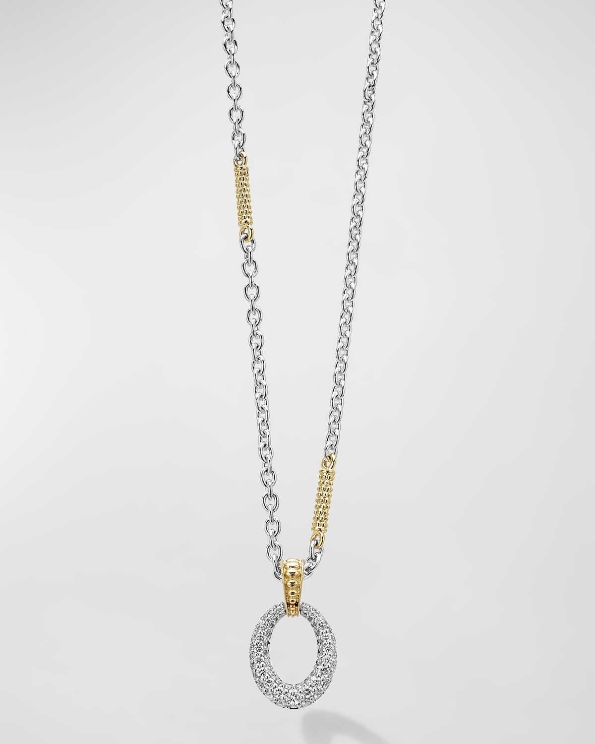 Sterling Silver Caviar Diamond Oval Pendant Necklace