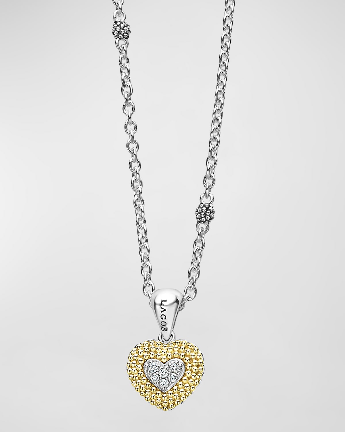 LAGOS THE DROP DIAMOND HEART NECKLACE IN 18K GOLD AND STERLING SILVER