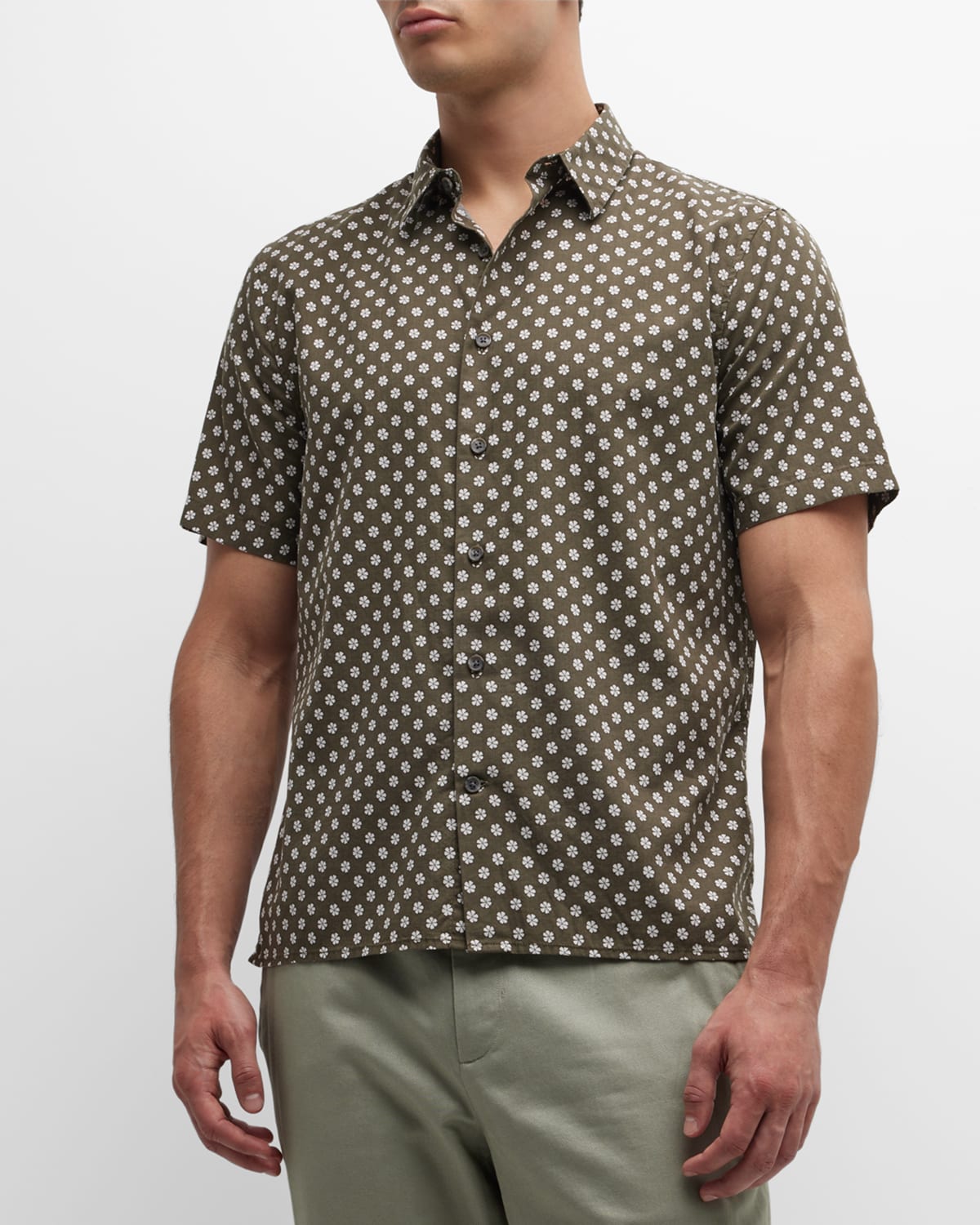 Vince Cosmo Floral Print Shirt In Cypress/ Bone