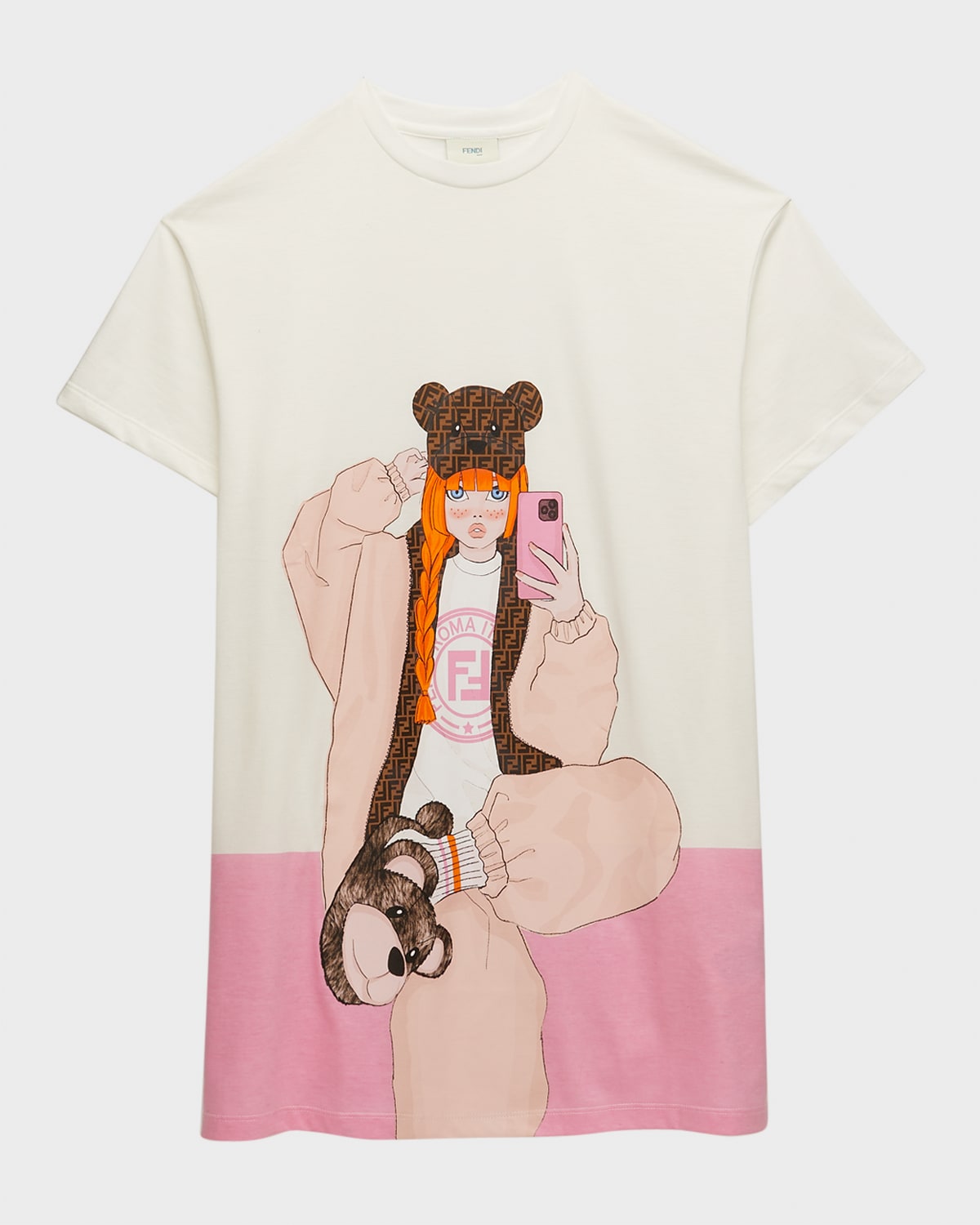 Fendi Kids' Girl's Two Toned Monogram Graphic Maxi T-shirt In White