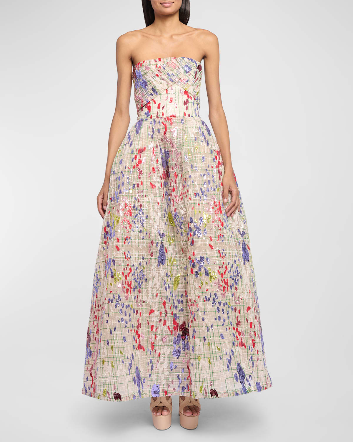 Strapless Sequin Embroidered Yarn Check Gown