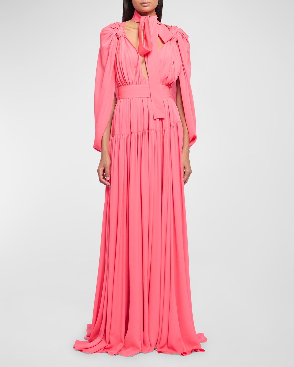 ELIE SAAB GATHERED PLUNGING GEORGETTE CAPE GOWN