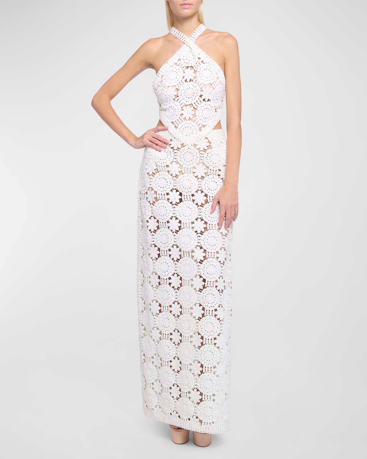 Lace Crochet Side-Slits Halter Gown