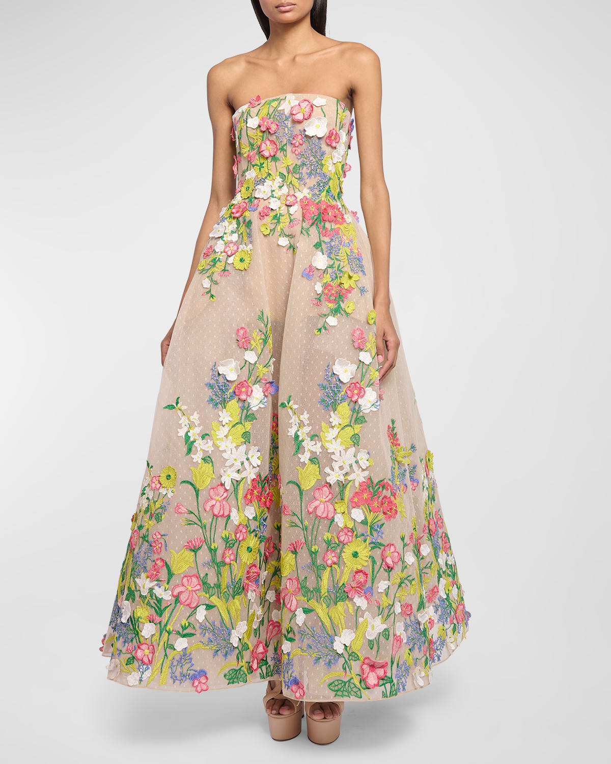 Floral Embroidered Swiss Dot Strapless Gown