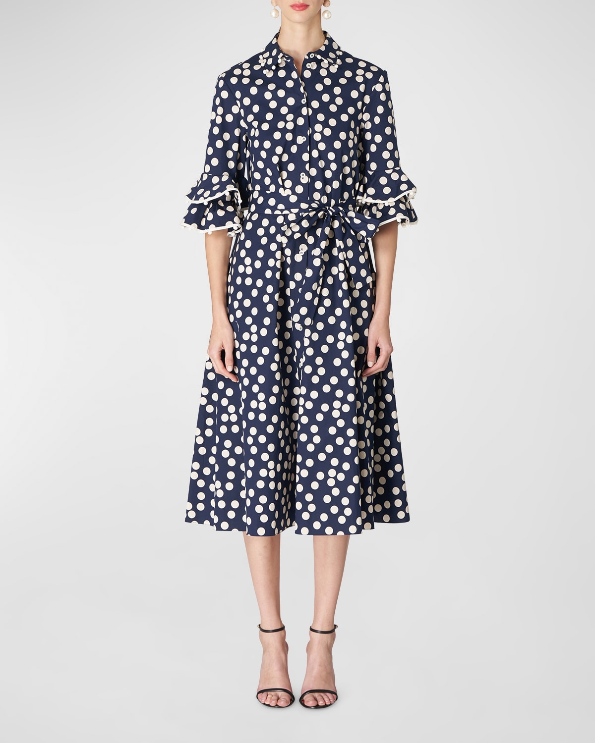 Belted Polka Dot Shirtdress with Ruffle Detail