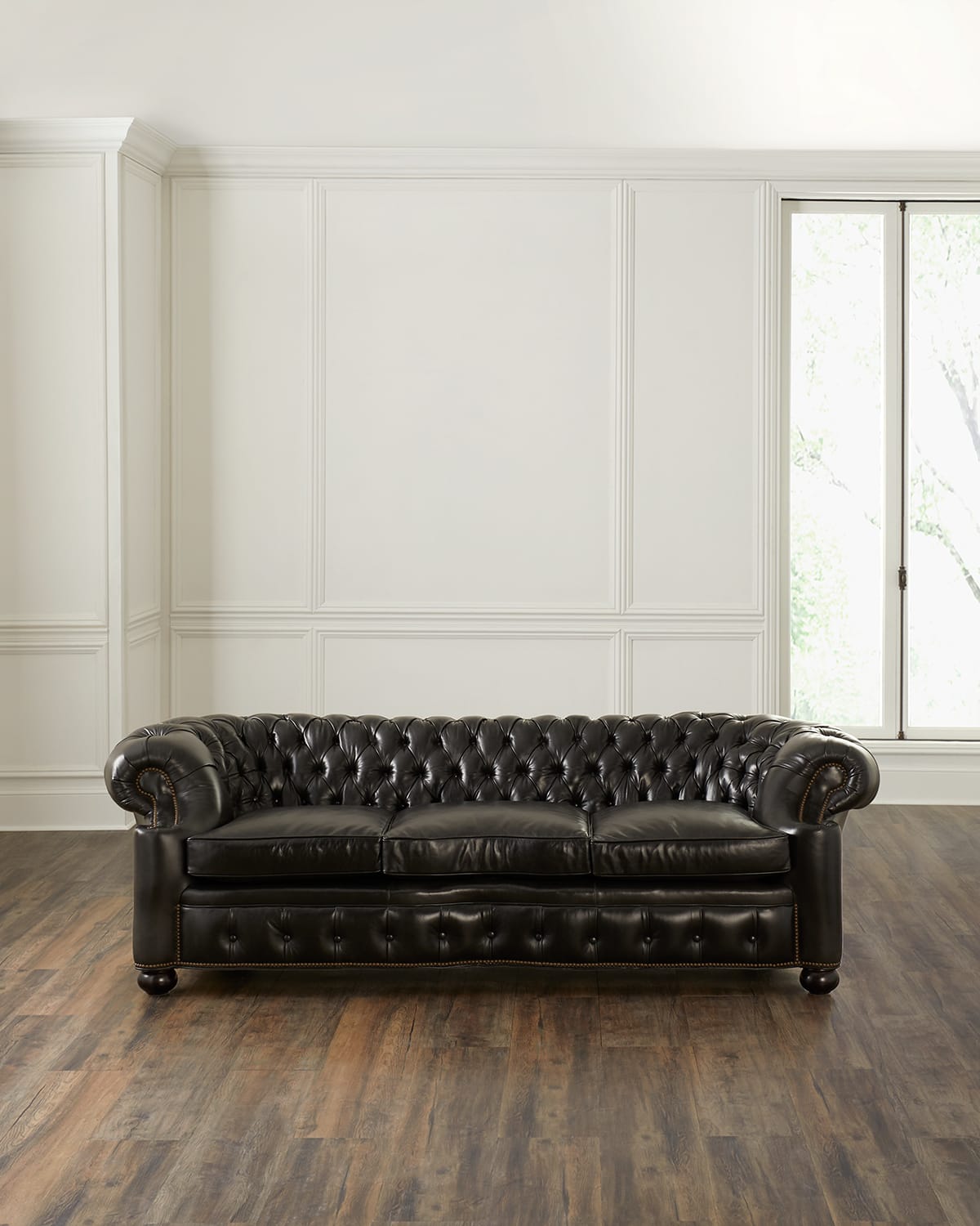 Old Hickory Tannery Rips Leather Chesterfield Sofa, 99.5" In Black