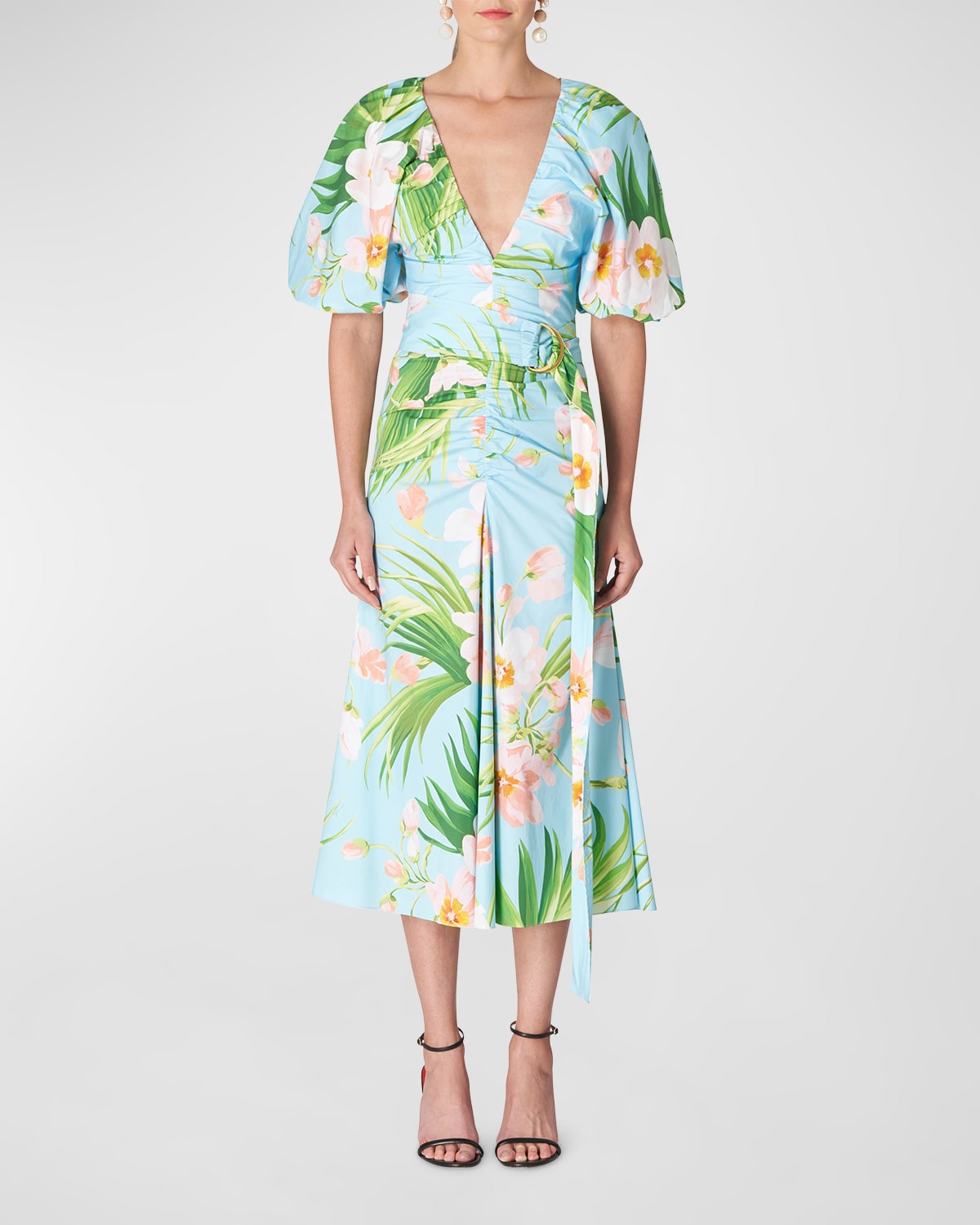 Carolina Herrera Floral-print Ruched Front Midi Dress With Belted Waist In Aquamarine Mult