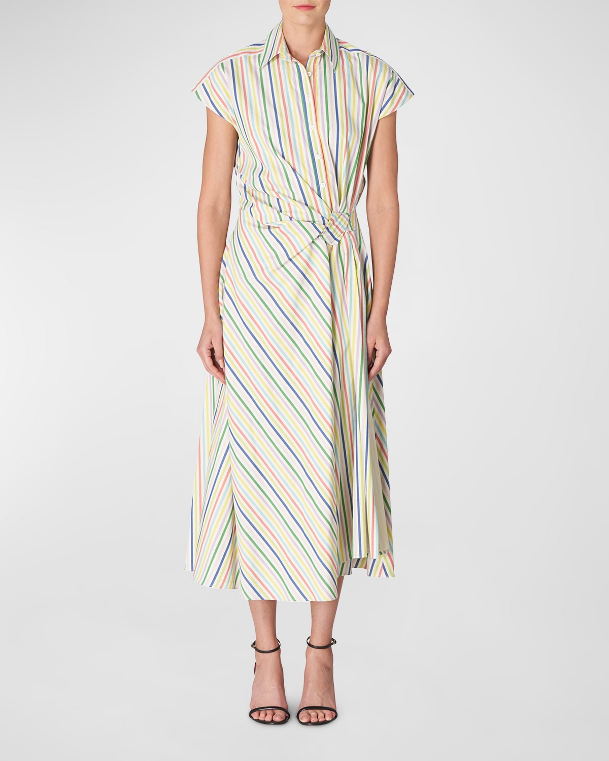 Shop Carolina Herrera Striped Twisted-knot Cap-sleeve Midi Shirtdress In Multi Color