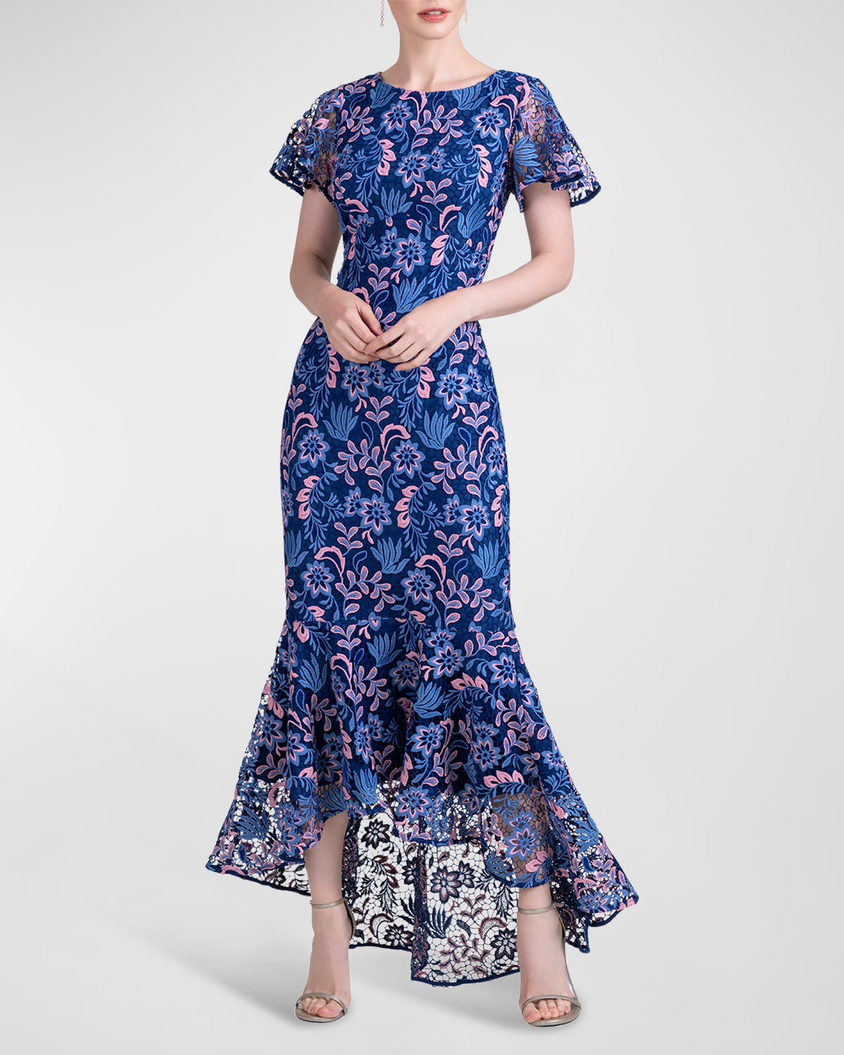 High-Low Floral Lace Trumpet Dress