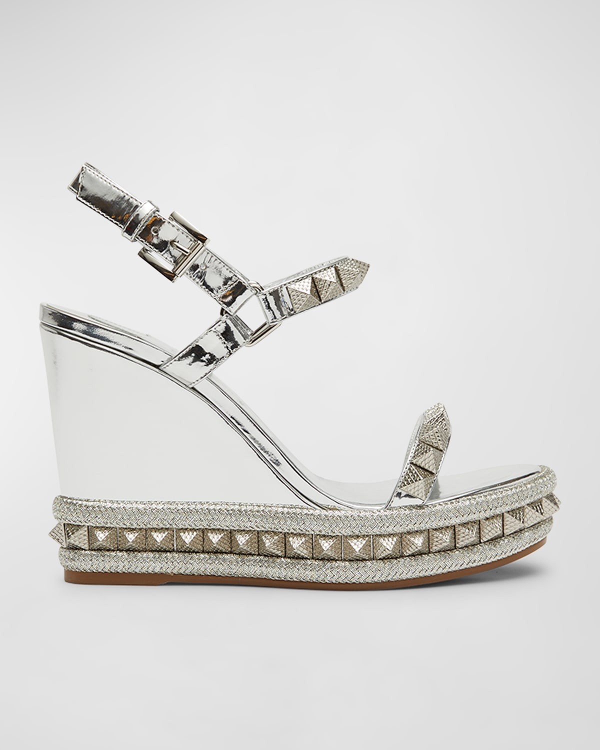 Shop Christian Louboutin Pyraclou Metallic Spike Wedge Sandals In Silver