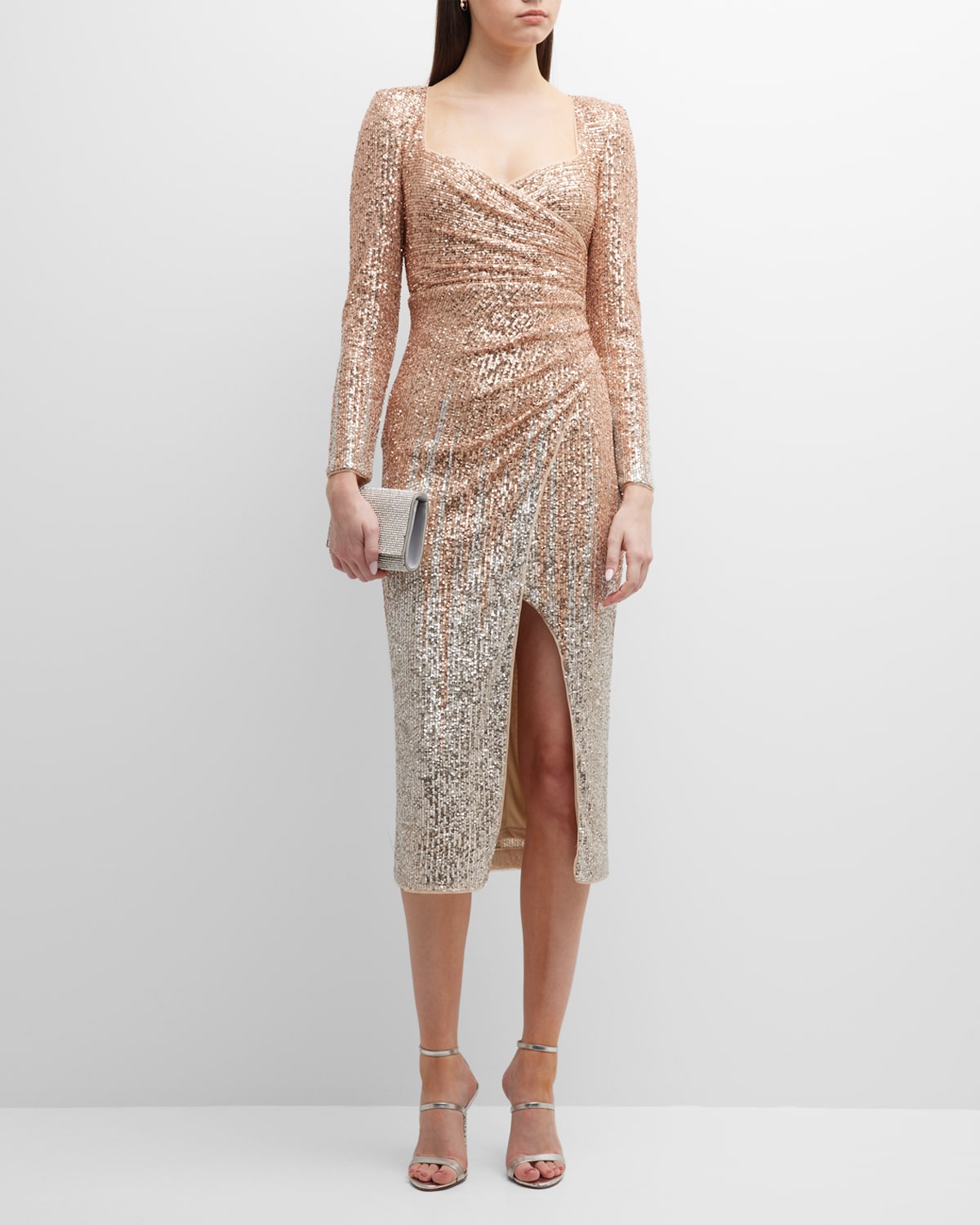 Badgley Mischka Collection Ombre Sequin Faux-Wrap Midi Dress