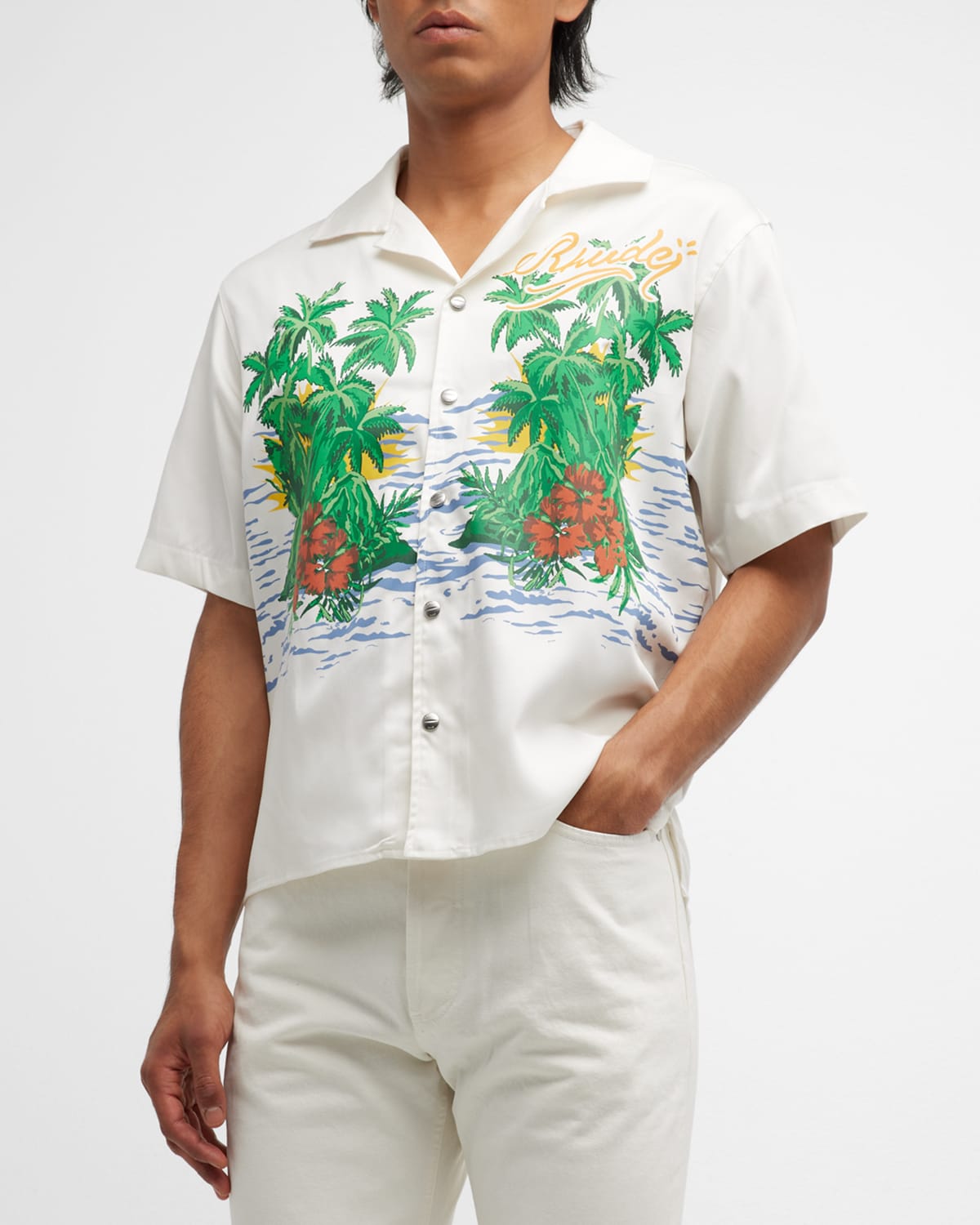 Rhude Palmas Short-sleeve Snap-up Camp Shirt In Offwhite