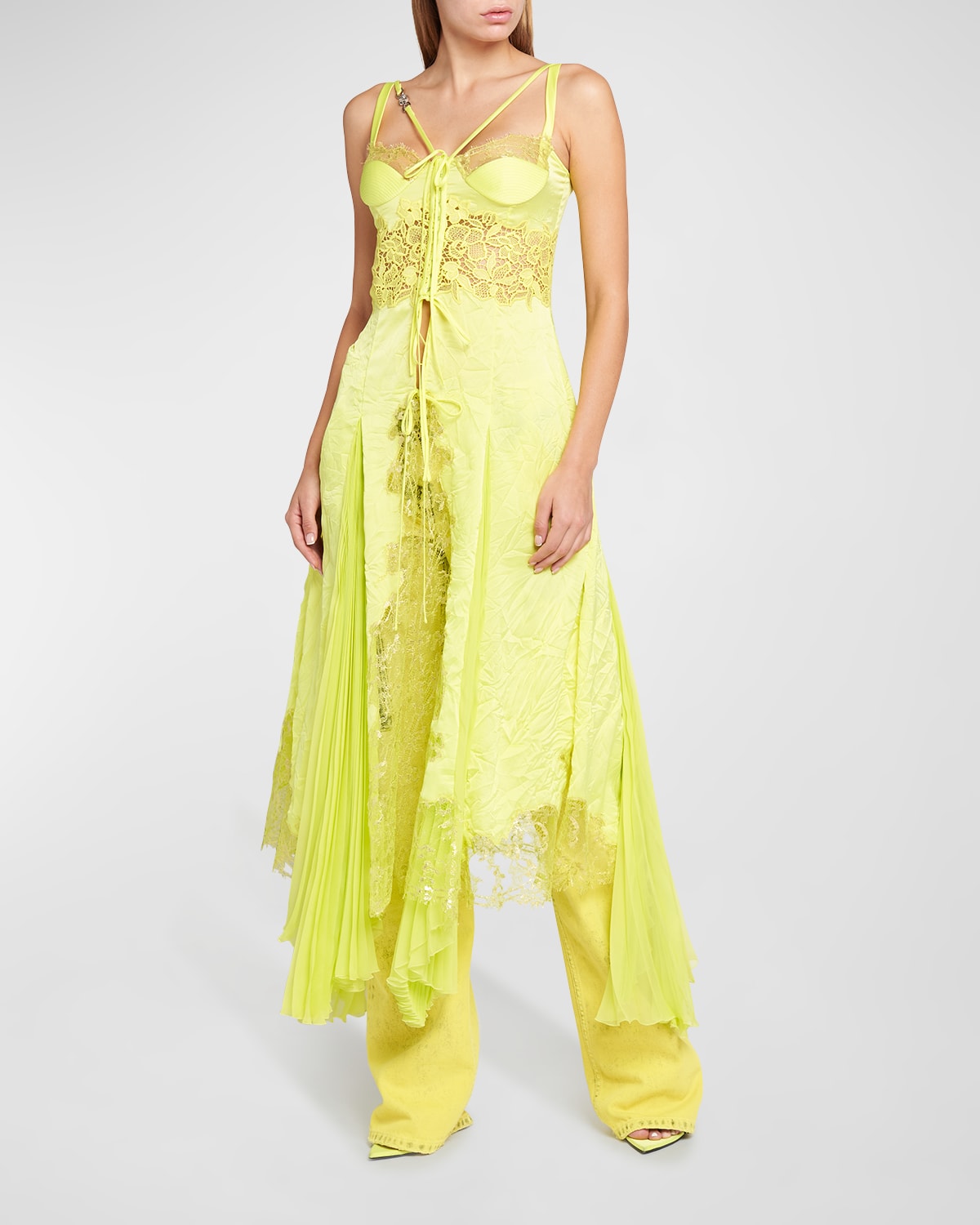 Versace Pleated Lace Strappy Bustier Midi Dress In Tropical Yellow
