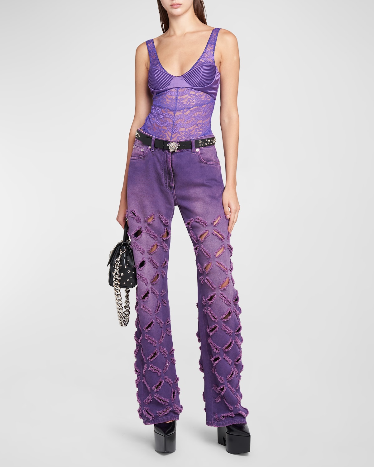 Versace Greca Lace Bustier Sleeveless Bodysuit In Bright Dark Orchi