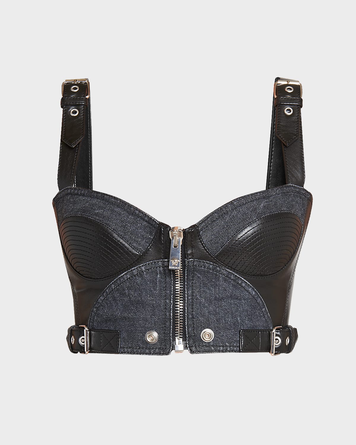 Versace Cropped Top In Denim And Leather In Black-grey