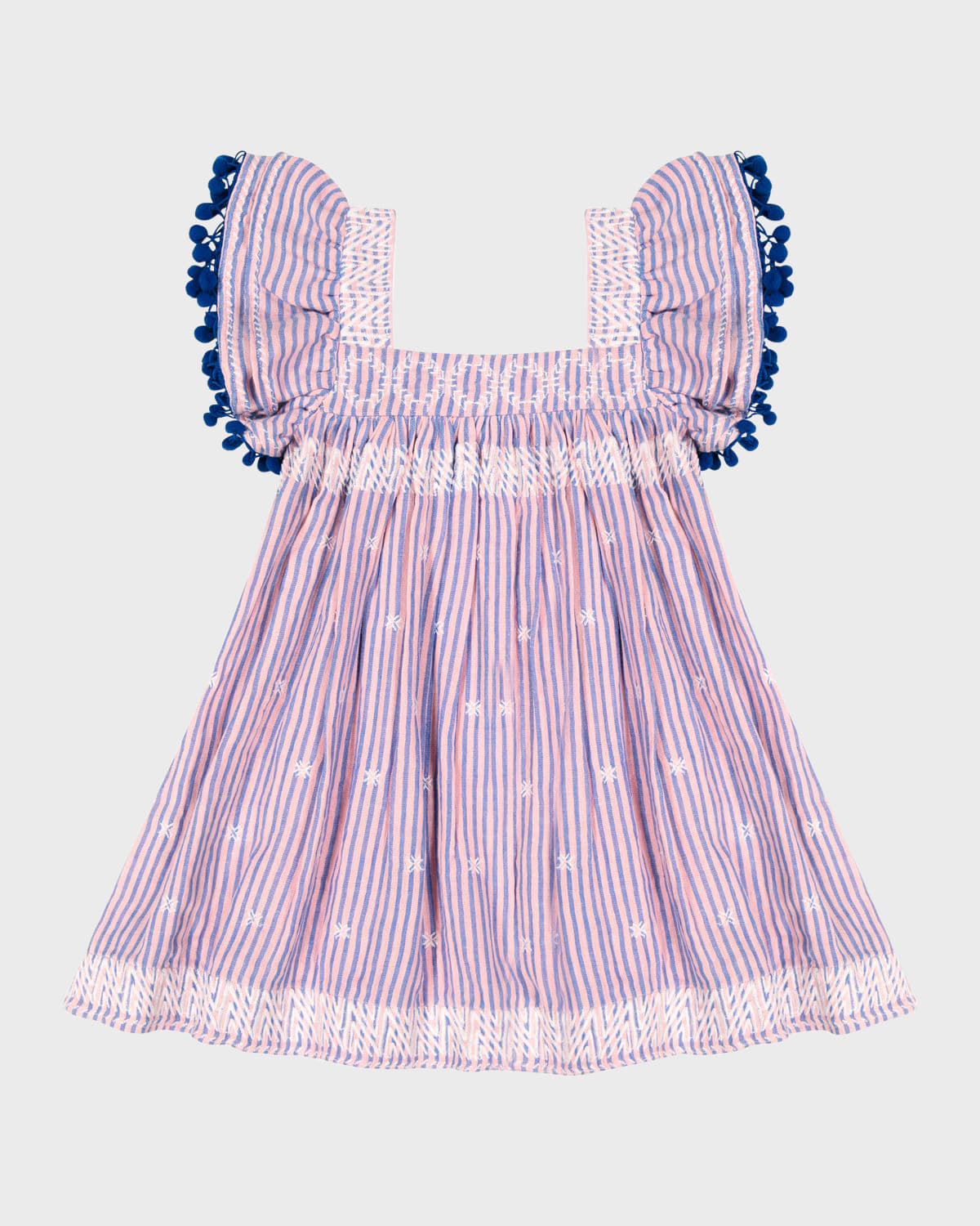 Mer St. Barth Kids' Girl's Serena Stripe Pompom Embroidered Dress In Pink Blue Stripe