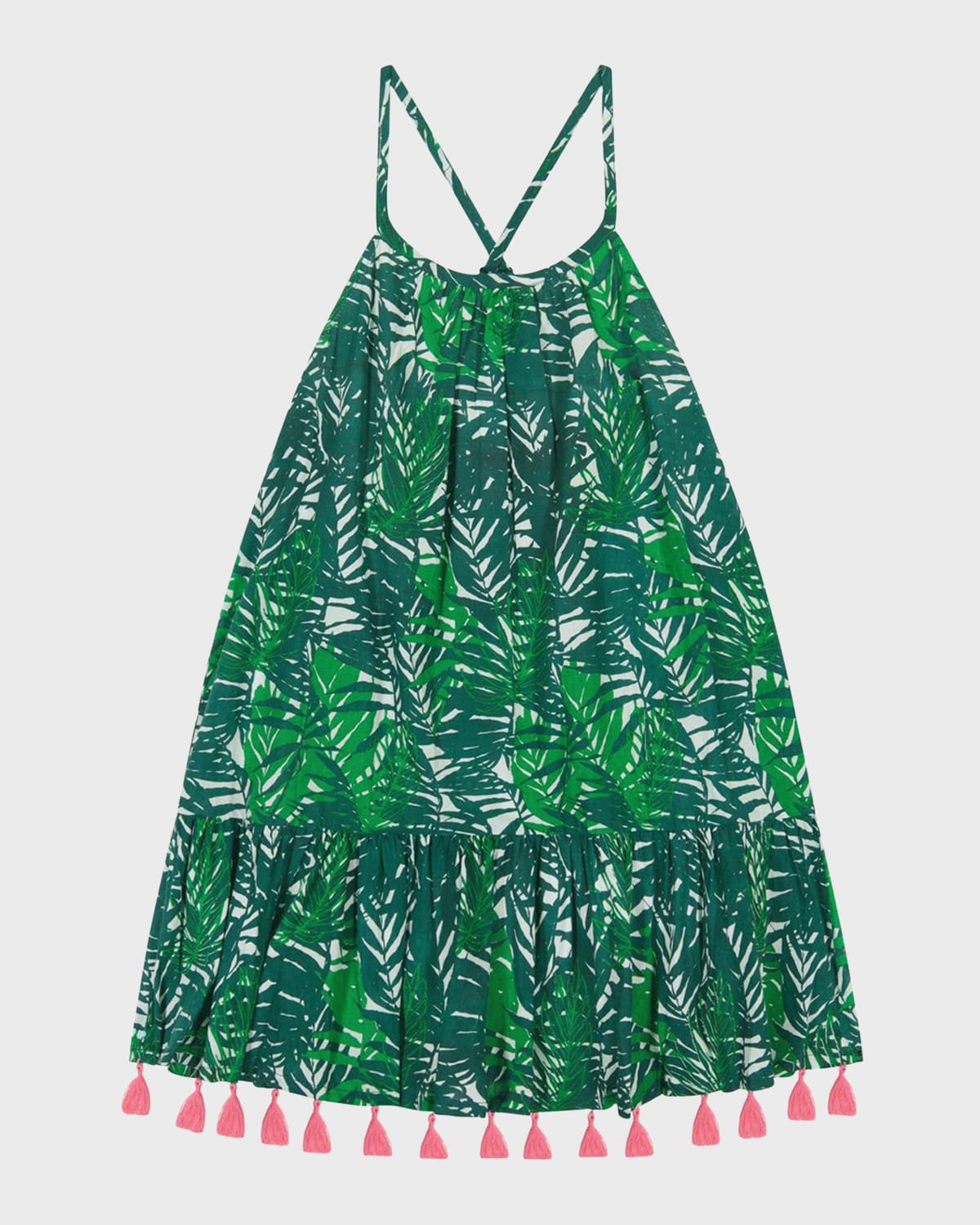 Mer St. Barth Kids' Girl's Chantal Leaves-print Tassel Trim Dress In Emerald Palm