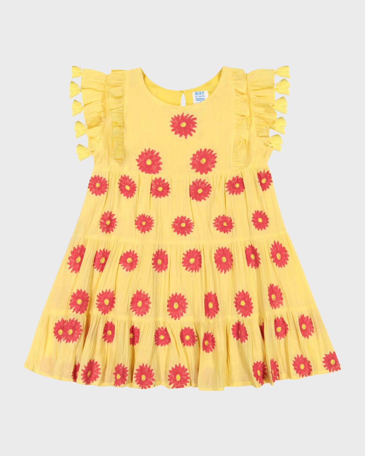 Mer St. Barth Kids' Girl's Sophie Embroidered Tassel Dress In Yellow Embroidery