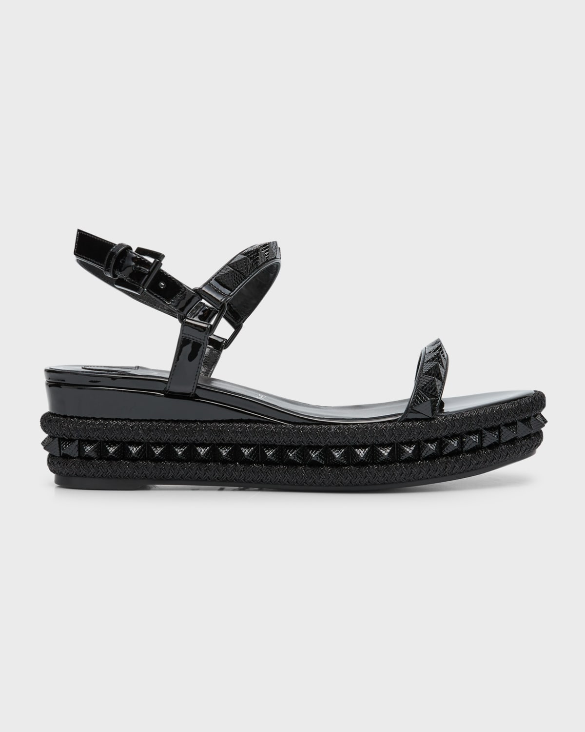 Shop Christian Louboutin Pyraclou Patent Spike Wedge Sandals In Black