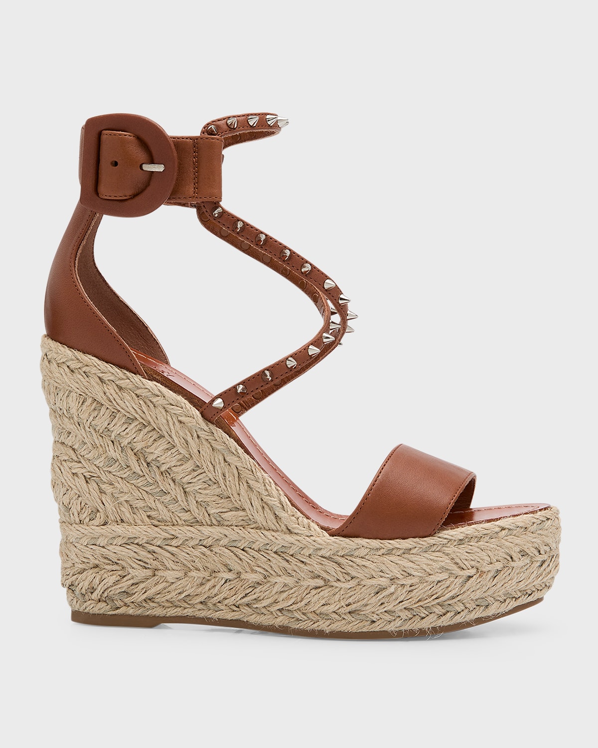 Christian Louboutin Spike Leather Red Sole Wedge Espadrilles In Cuoio/natural