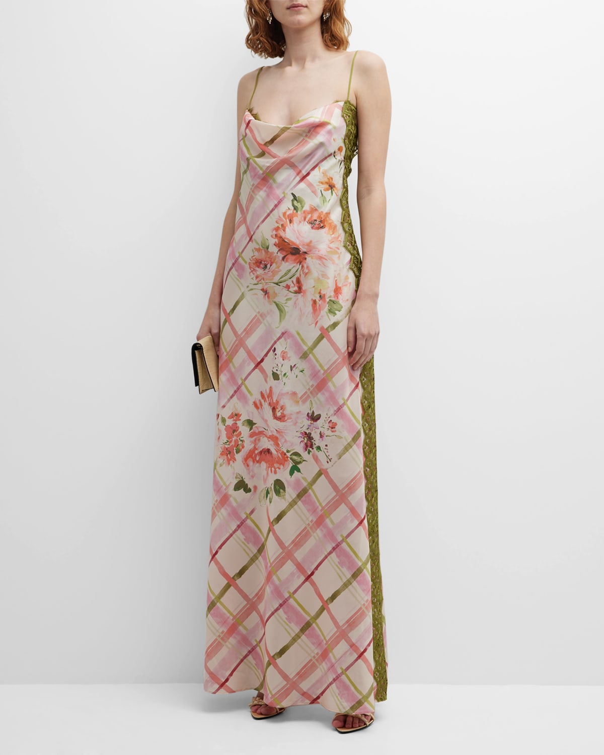 Habotai Check-Print Lace-Trim Silk Slip Gown