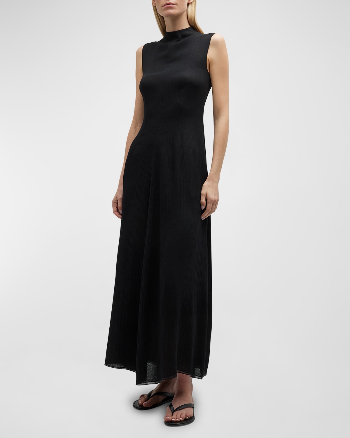 The Row Oliva Crinkled A-line Mock-neck Maxi Dress In Black