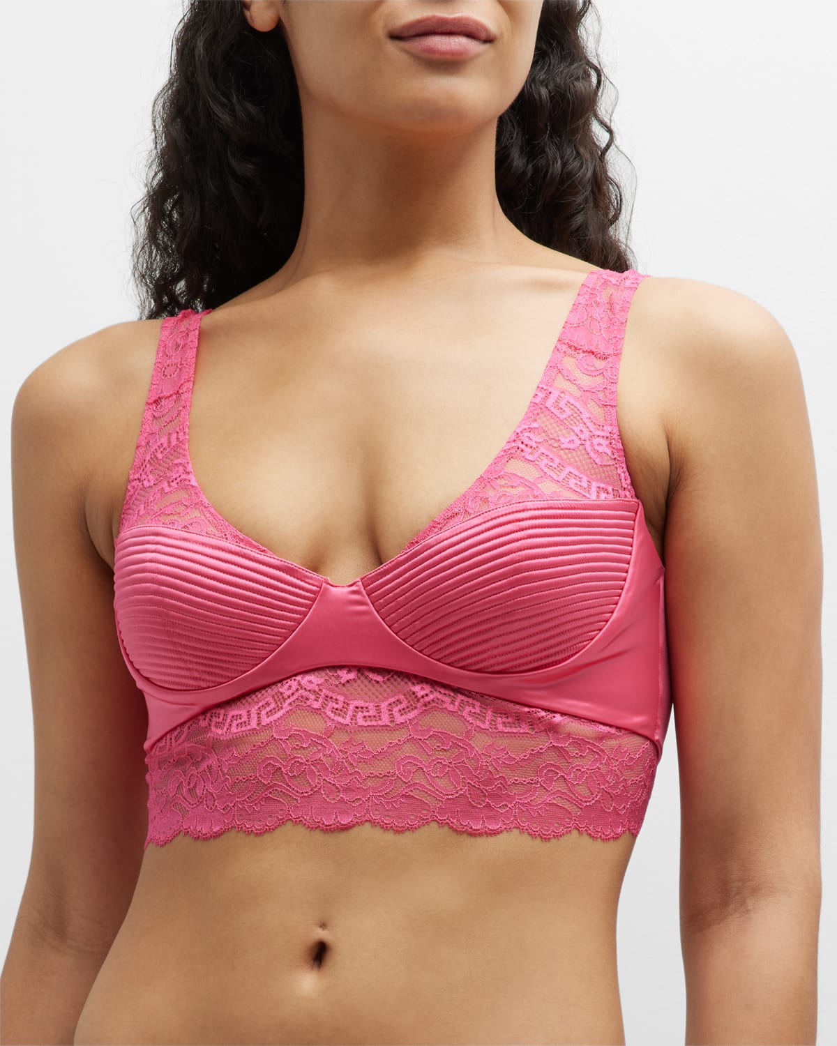 Versace Ribbed Satin Lace-trim Bralette In Tropical Pink