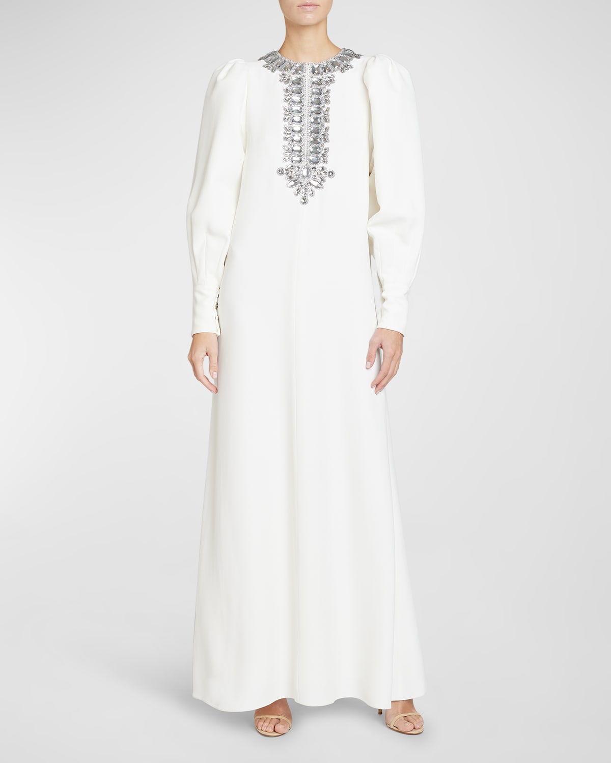 ANDREW GN JEWELED BIB PUFF-SLEEVE GOWN
