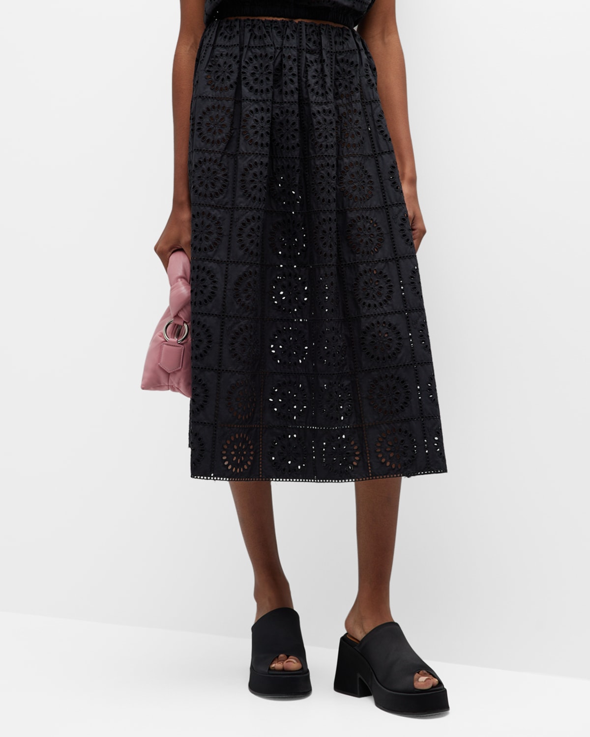 Ganni Broderie Anglaise Pull-on Midi Skirt In Black