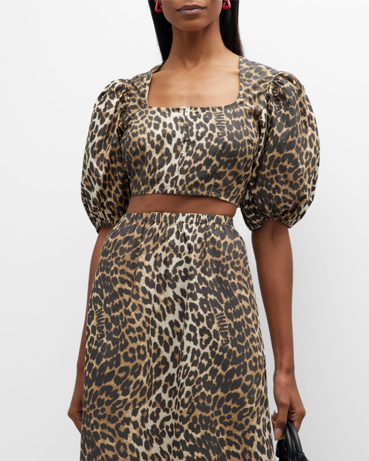Ganni Leopard-print Puff-sleeve Cropped Blouse In Big Leopard Almon