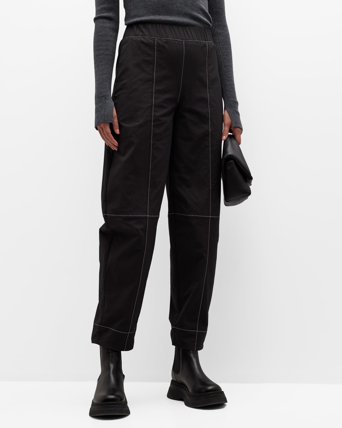 Shop Ganni Elasticated Curved Crop Pants In Black