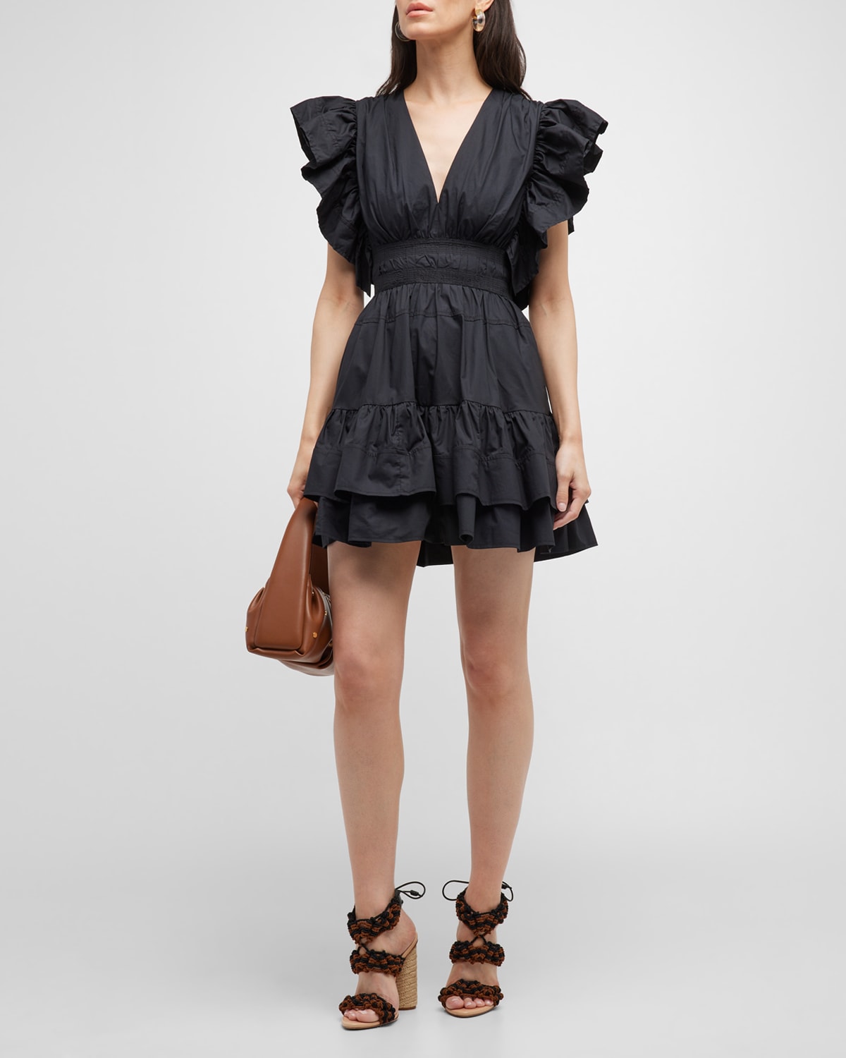 ULLA JOHNSON KIRI TIERED-RUFFLE MINI COTTON POPLIN DRESS