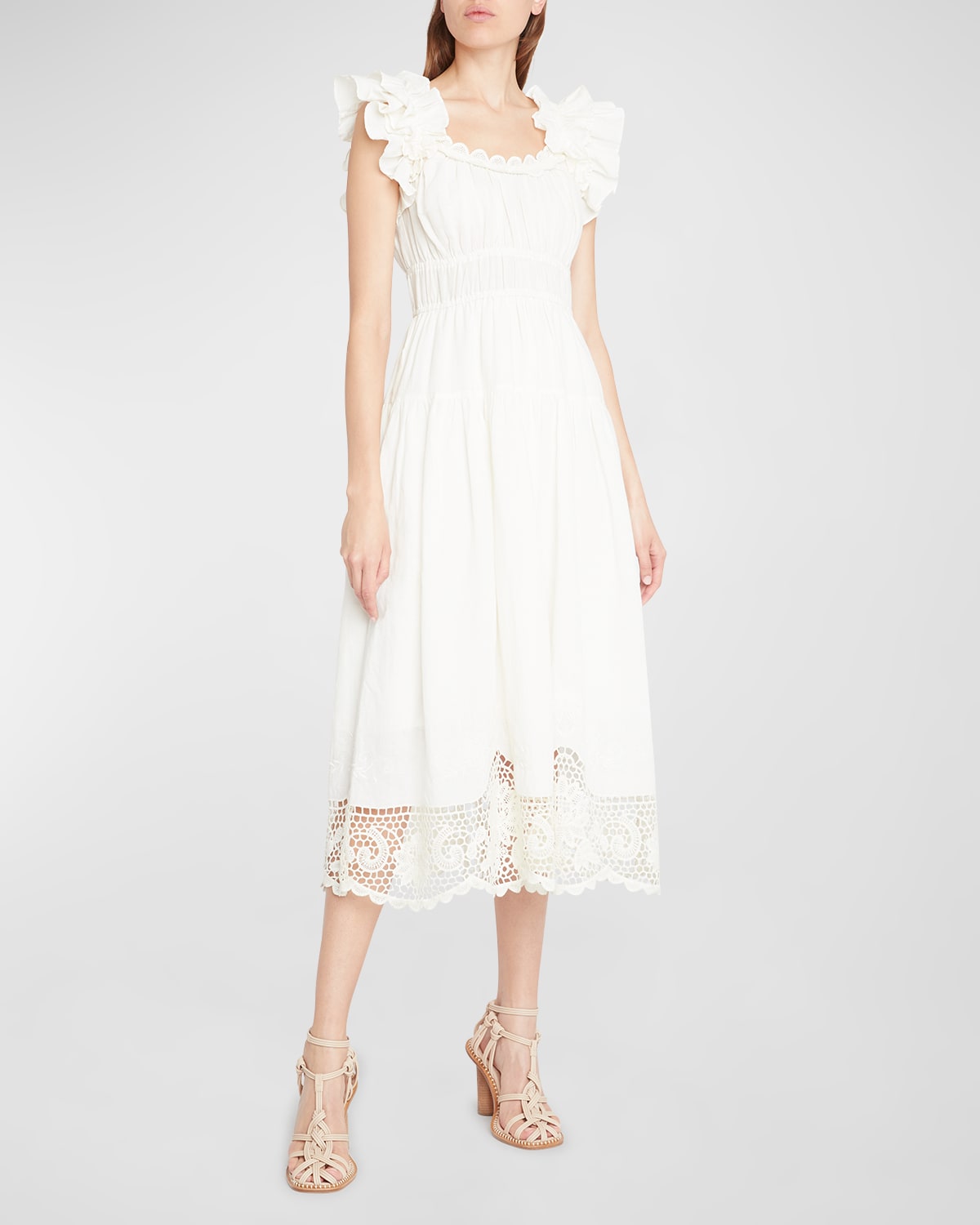 Shop Ulla Johnson Leona Cotton-linen Lace-hem Midi Dress In Ivory