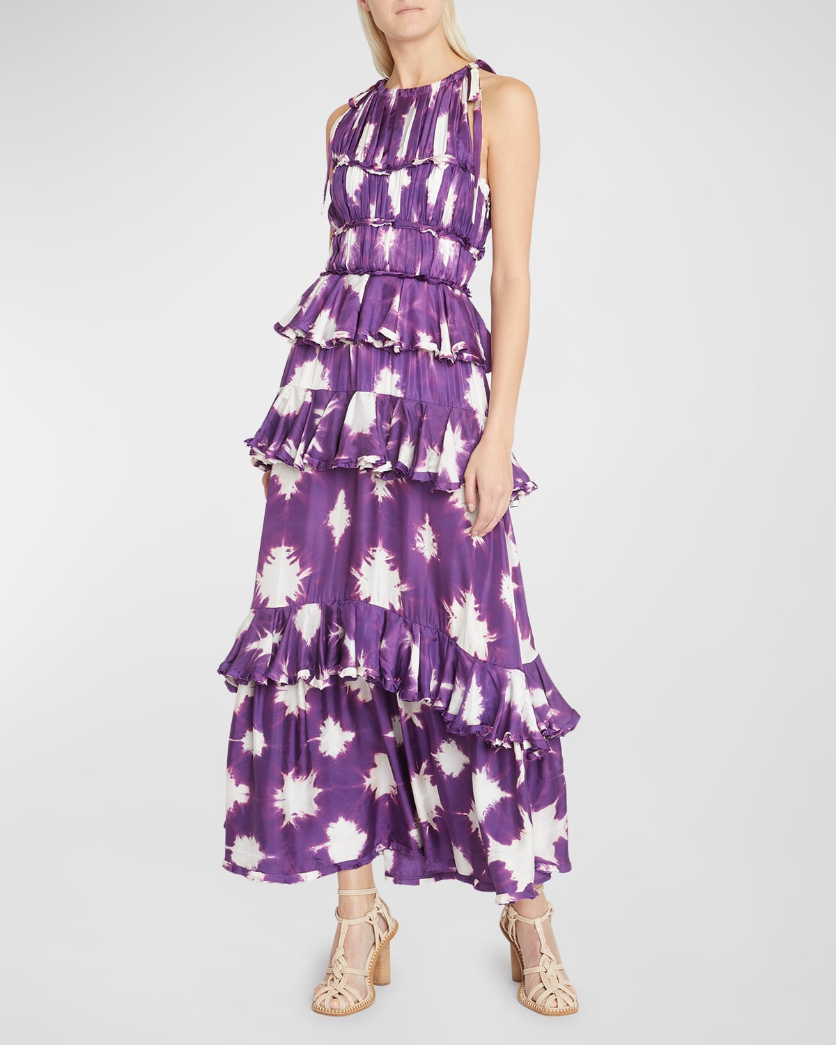 Ulla Johnson Serafina Tiered Ruffle Shibori Silk Gown In Cassis Blur