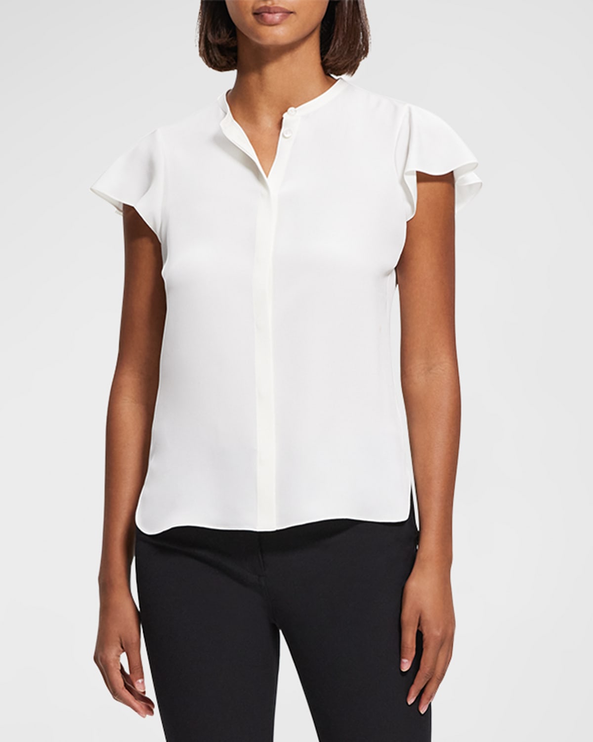 THEORY RUFFLE-SLEEVE SILK BUTTON-FRONT TOP