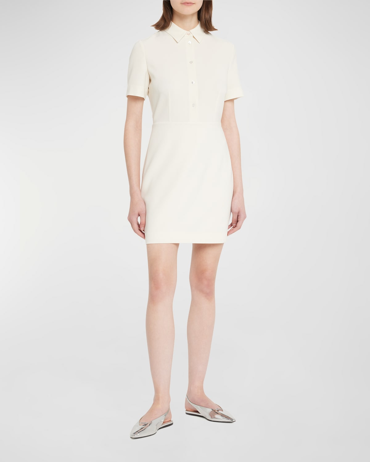 Theory Short-sleeve Fitted Mini Shirtdress In Rice